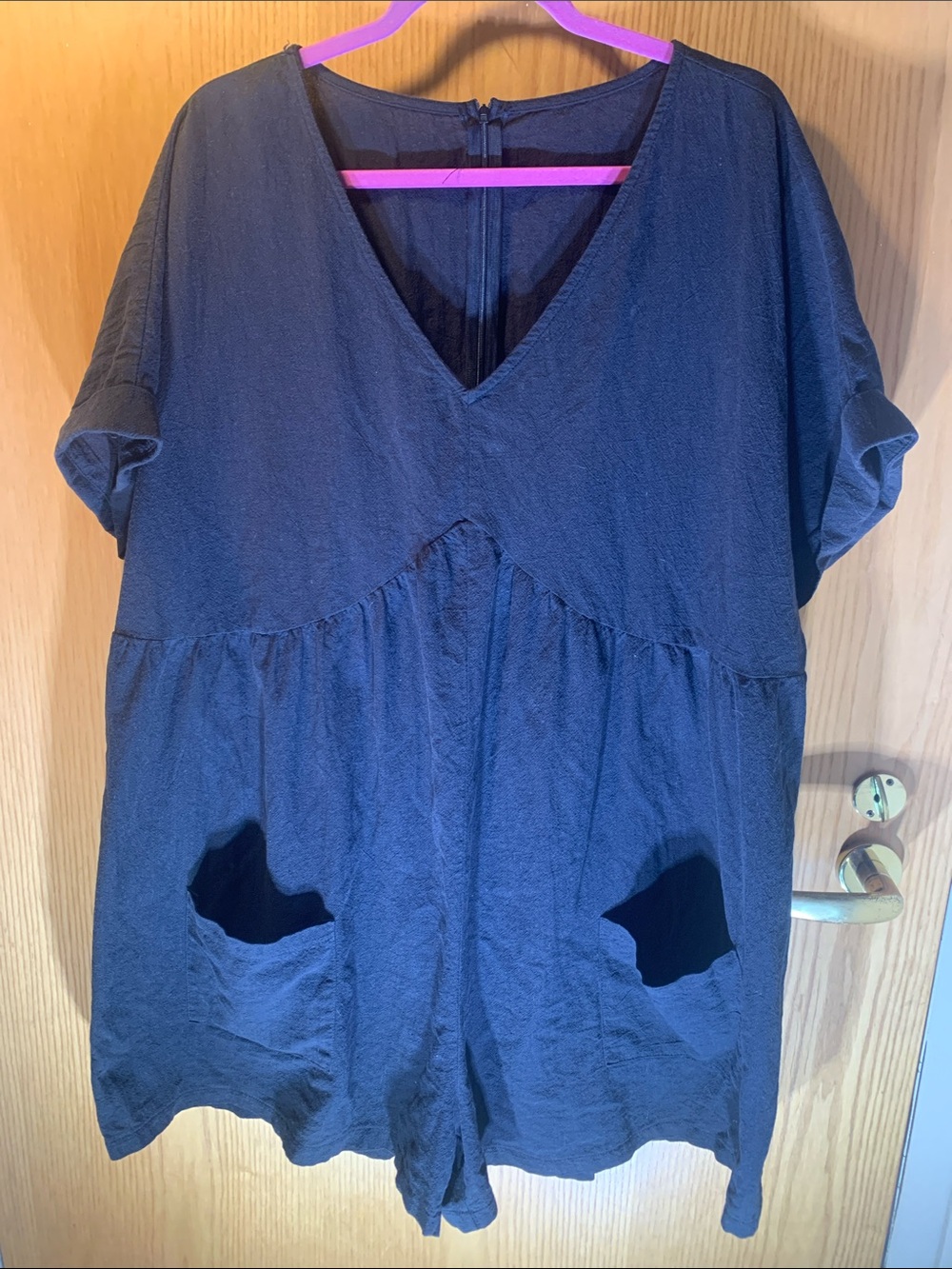 Women's Black V-Neck Short Sleeve Jumpsuit with Pockets - Size 4X